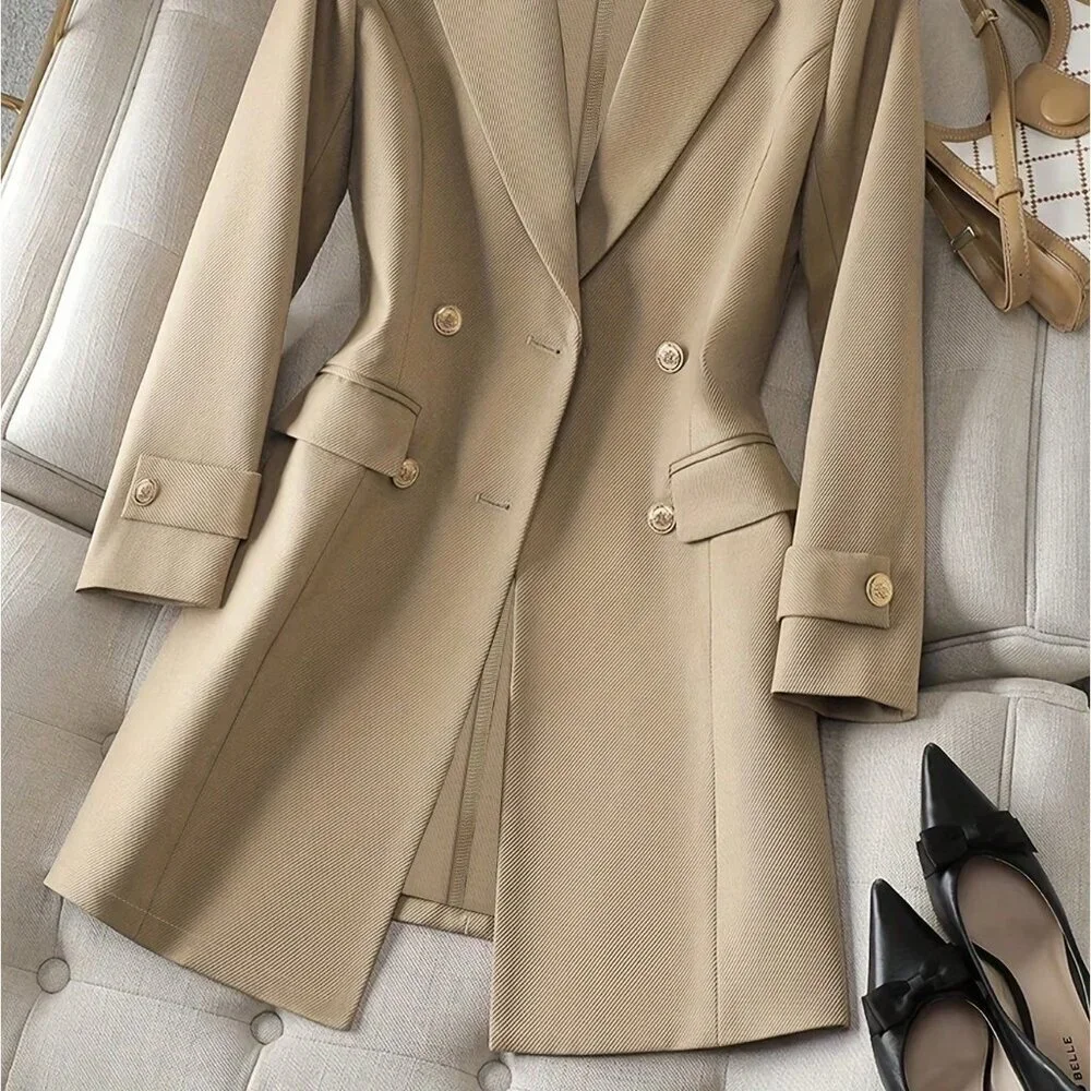 Khaki Elegant Women's Casual Cinched Waist Sleeve Detail Long Sleeve Blazer - Picture 2 of 6